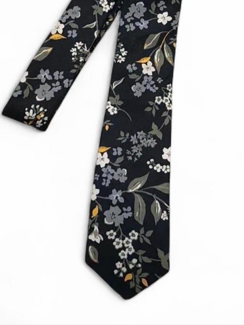Dazie Black Floral Tie with Gray, White and Gold Accents
